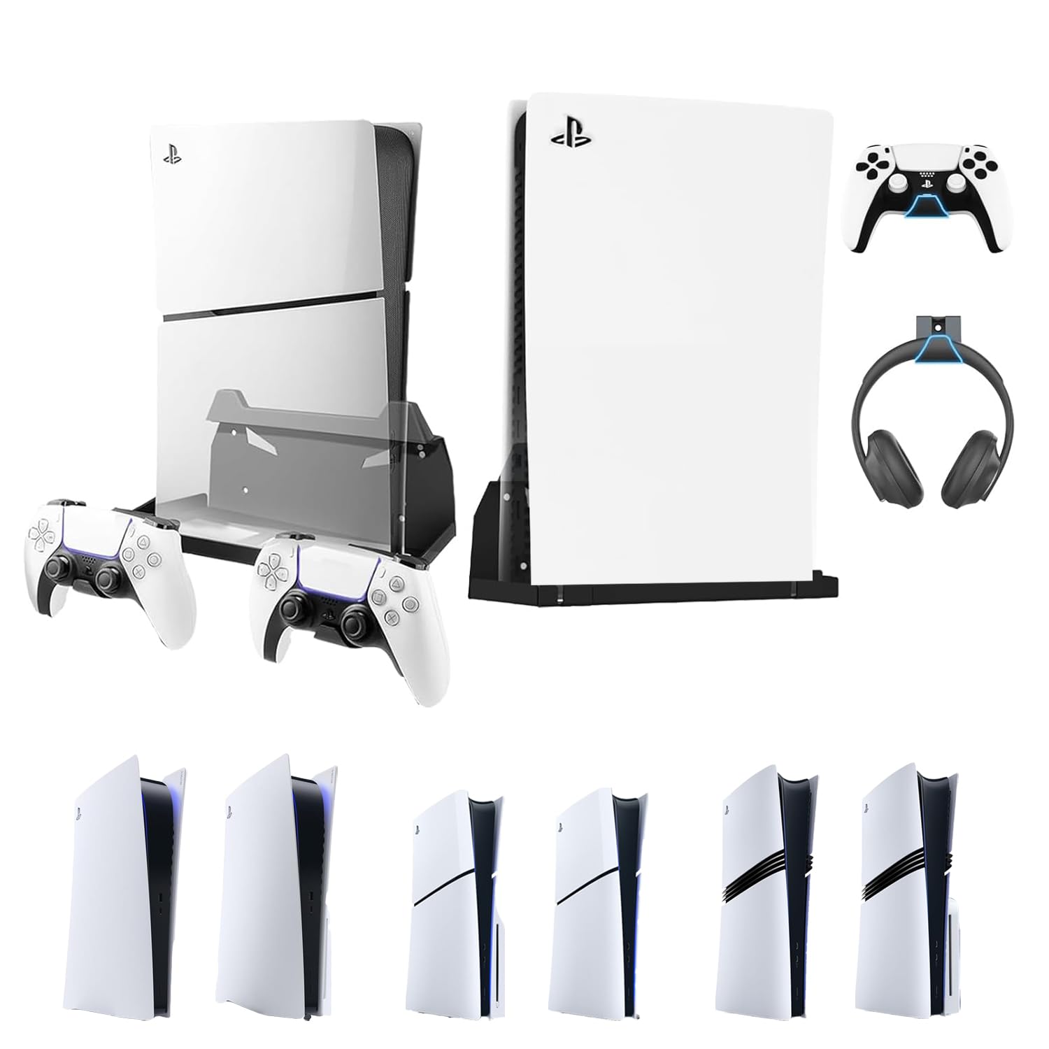 BracNova Wall Mount for All PS5 Models, Including Slim Pro & Original -Steel PS5 Wall Stand Kit with 2 Removable Controller Holder & Backrest-Mounts PlayStation 5 on a Wall by Your TV - Black