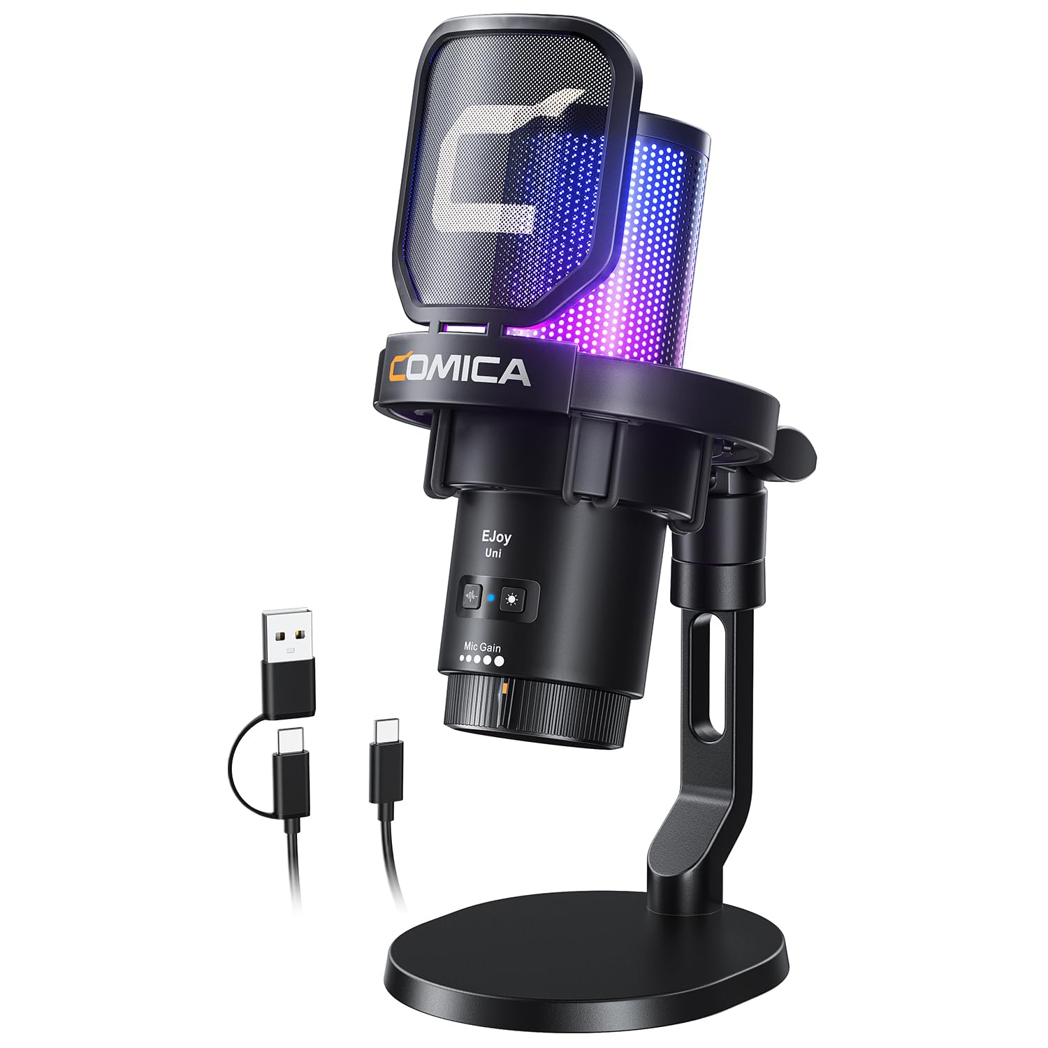COMICA Ejoy Uni(D) USB Gaming Microphone with Noise Cancellation, RGB Lights, Monitoring, Muting, Streaming Mic for Computer, PS5, PS4, Streaming,
