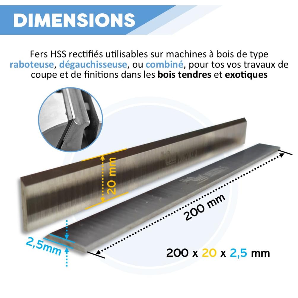 2 X Fers de Rechange pour Raboteuse ou Dégauchisseuse | Lames de Rabot Réaffutables | 200 x 20 x 2.5 mm | Outil de Travail du Bois Dur ou Bois Tendre | Acier HSS