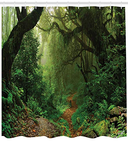 Ambesonne Rainforest Shower Curtain, Forest In Nepal Touristic Trekking Branches Misty Road Fresh Air Outdoors Theme, Cloth Fabric Bathroom Decor Set With Hooks, 69" W X 70" L, Green Brown #TOP1