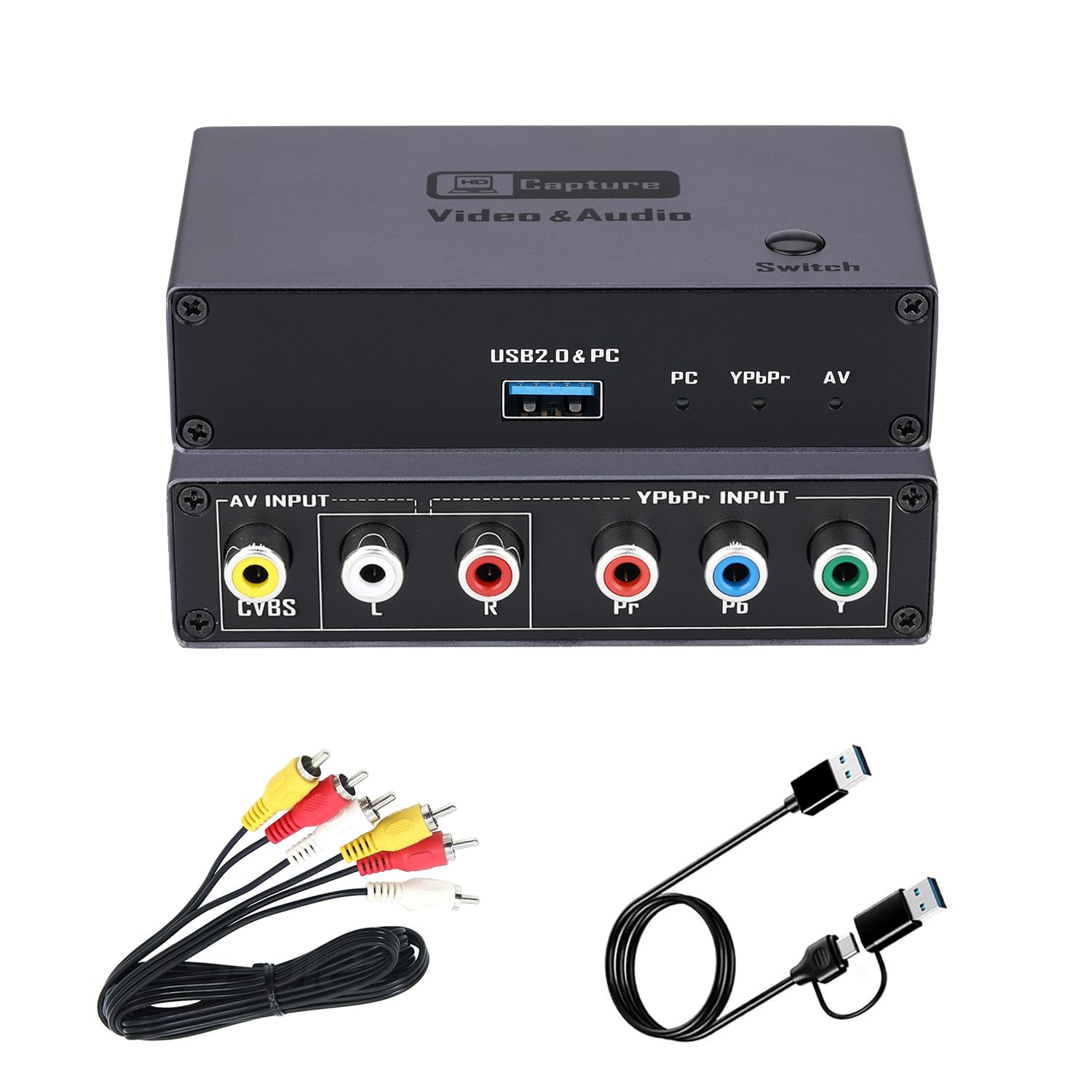 Convertidor VHS VCR RCA a digital, componente AV YPbPr a captura de video USB | Entrada de señal AV RCA YPbPr, salida digital USB 2.0 aplicable para consolas de juegos retro VHS, VCR, DVD, DVR