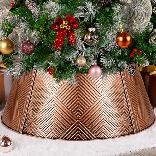 Brightever Christmas Tree Collar, 28’’ Metal Tree Skirt for Xmas Tree Decor, Bronze Christmas Trees Base Cover Waterproof, Christmas Tree Collars for Artificial & Real Trees, Easy to Assemble