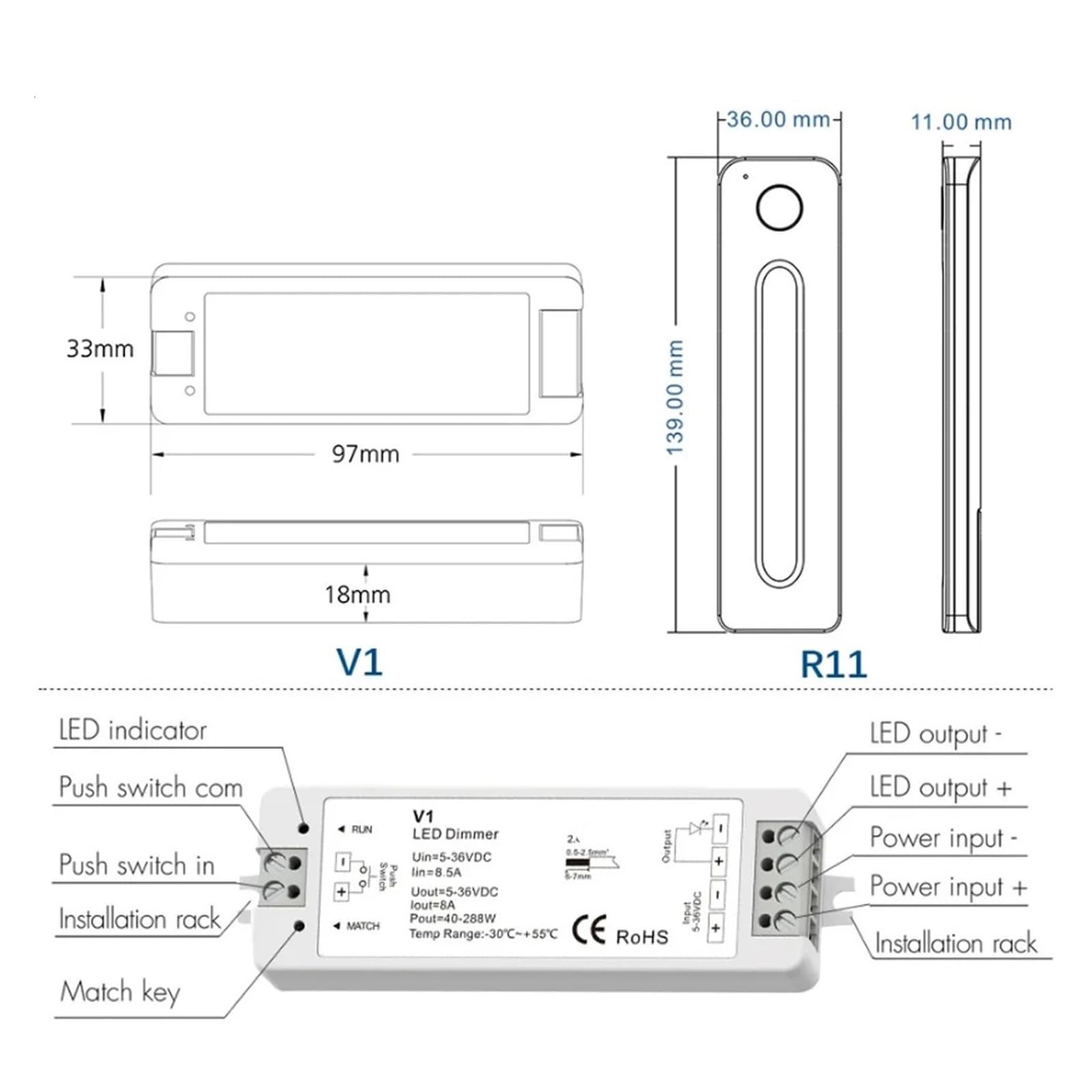 V1 LED-Dimmer, 1 Kanal, 5 V, 12 V, 24 V, 36 V, 4 Zonen, einfarbiges LED-Lichtleisten-Dimm-Set, 2,4 G Fernbedienung, Touch-Schalter-Dimmer(1XV1 Only)