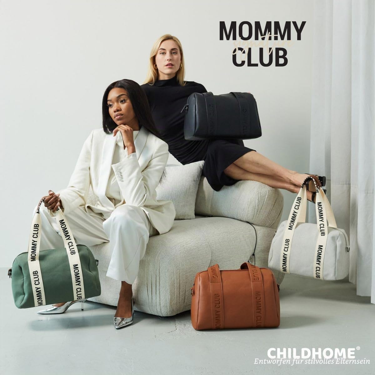 CHILDHOME, Baby Wickeltasche, Mommy Bag, Inklusive Wickelunterlage, Viele Fächer, Kinderwagenbefestigung, Schultergurt, Baumwolle, 22L, Mommy Club Signature, Ecru
