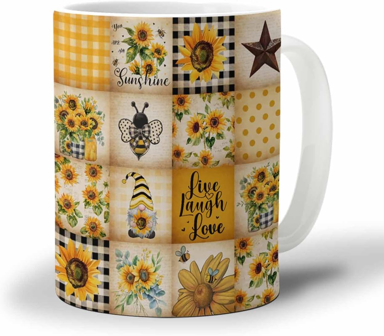 BEMIGO Ceramic Coffee Mug Retro Farmhouse Plaid Ceramic Mug White Cup, Bee Flower Gnome Star Insulated Coffee Cup with Handle with Pattern Perfect for Tea and Hot Beverages, 12oz