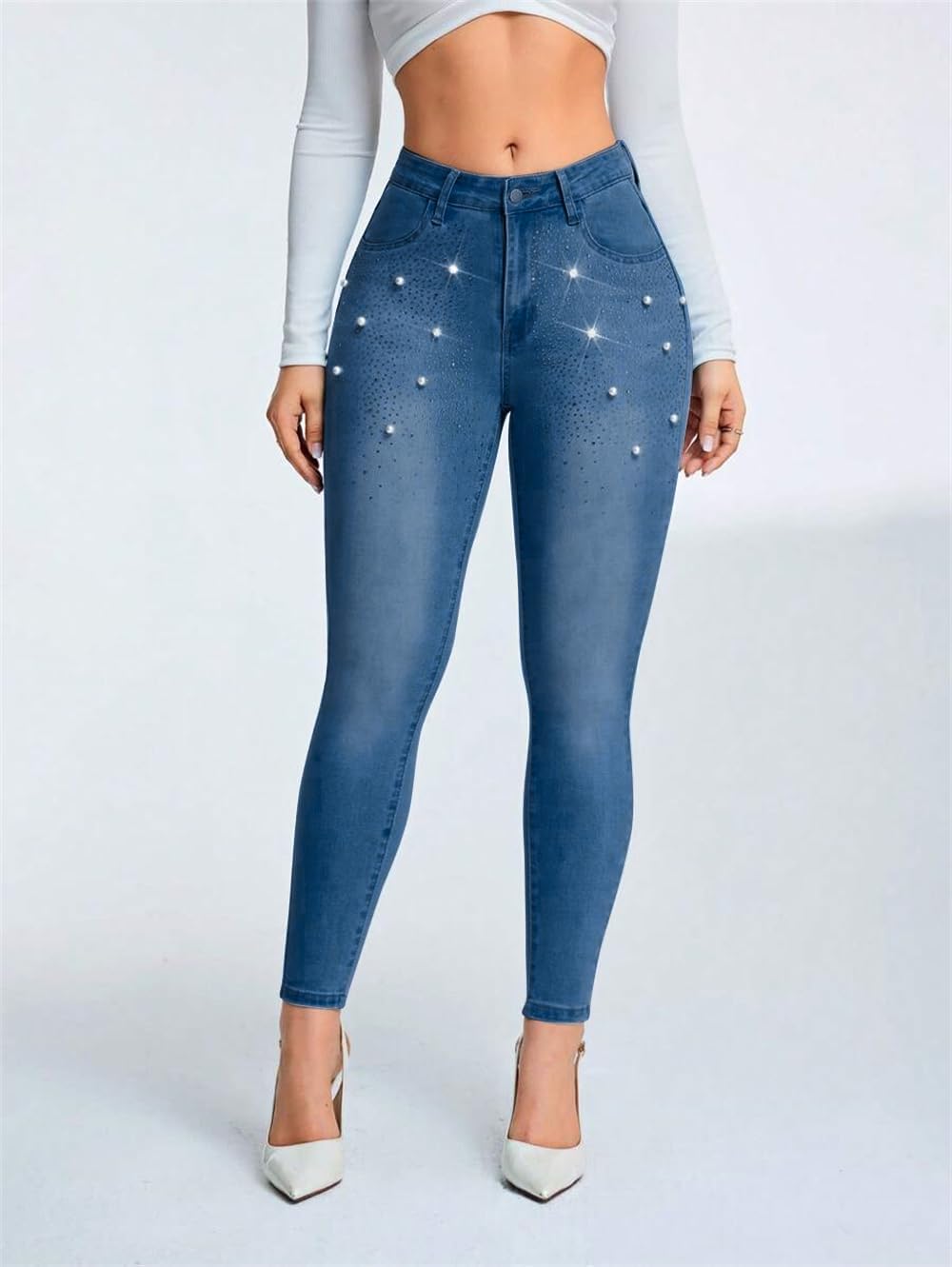 Pearl Jeans for Women Rhinestone Low Rise Skinny Jeans Embellished Ankle Stretchy Denim Pants - Image 5