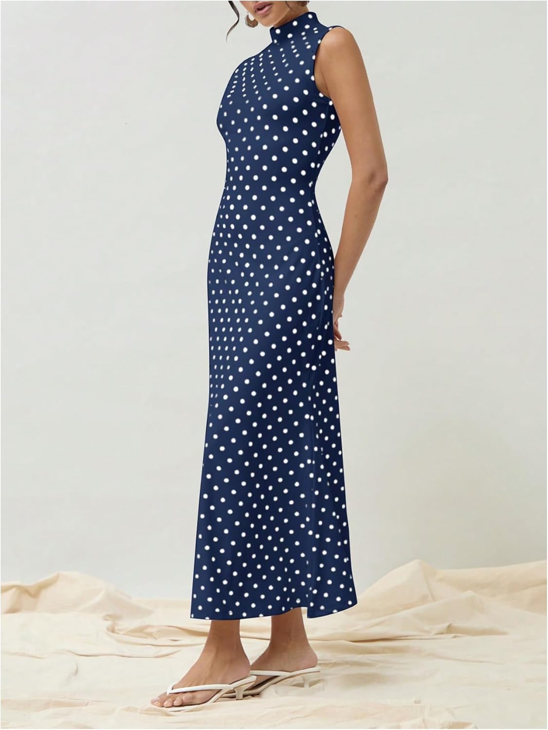 Milumia Women's Polka Dots Maxi Tank Dress Vintage Mock Neck Sleeveless Elegant Long Dresses - Image 3