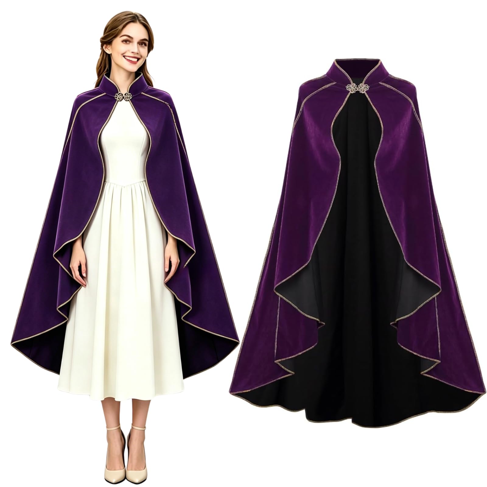 maxToonrain Medieval Costume Women Green,Women's Green Cape Velvet Renaissance Hooded Cloaks Halloween World Book Day Costumes Fancy Dress for Womens(Purple,130 CM) — image 1
