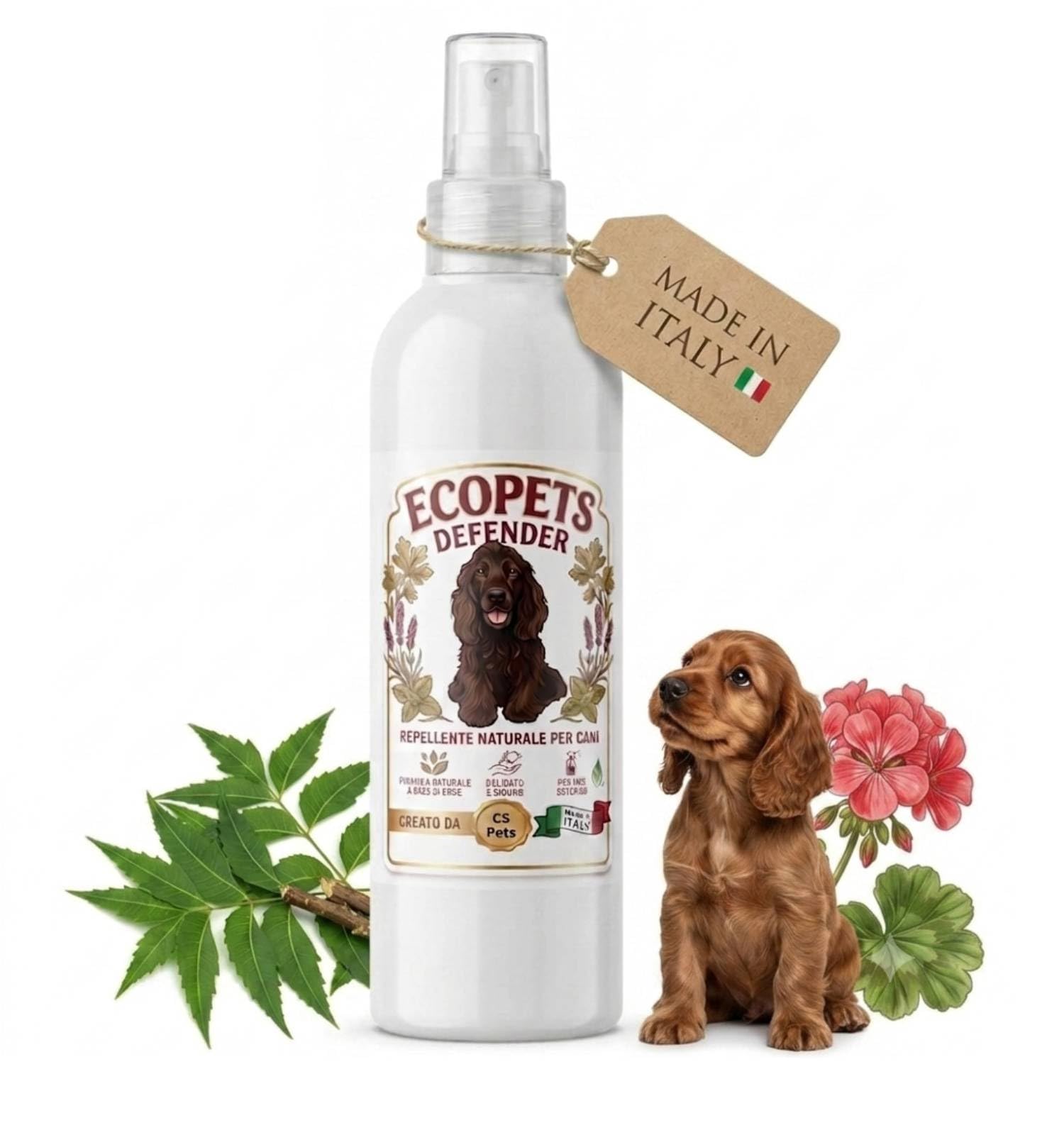Ecopets Defender Pesticide Naturel pour Chiens à l'Huile de Neem - Protection contre les Puces, Tiques, Moustiques et Mouches - Doux pour une Utilisation Quotidienne avec des Huiles Essentielles et