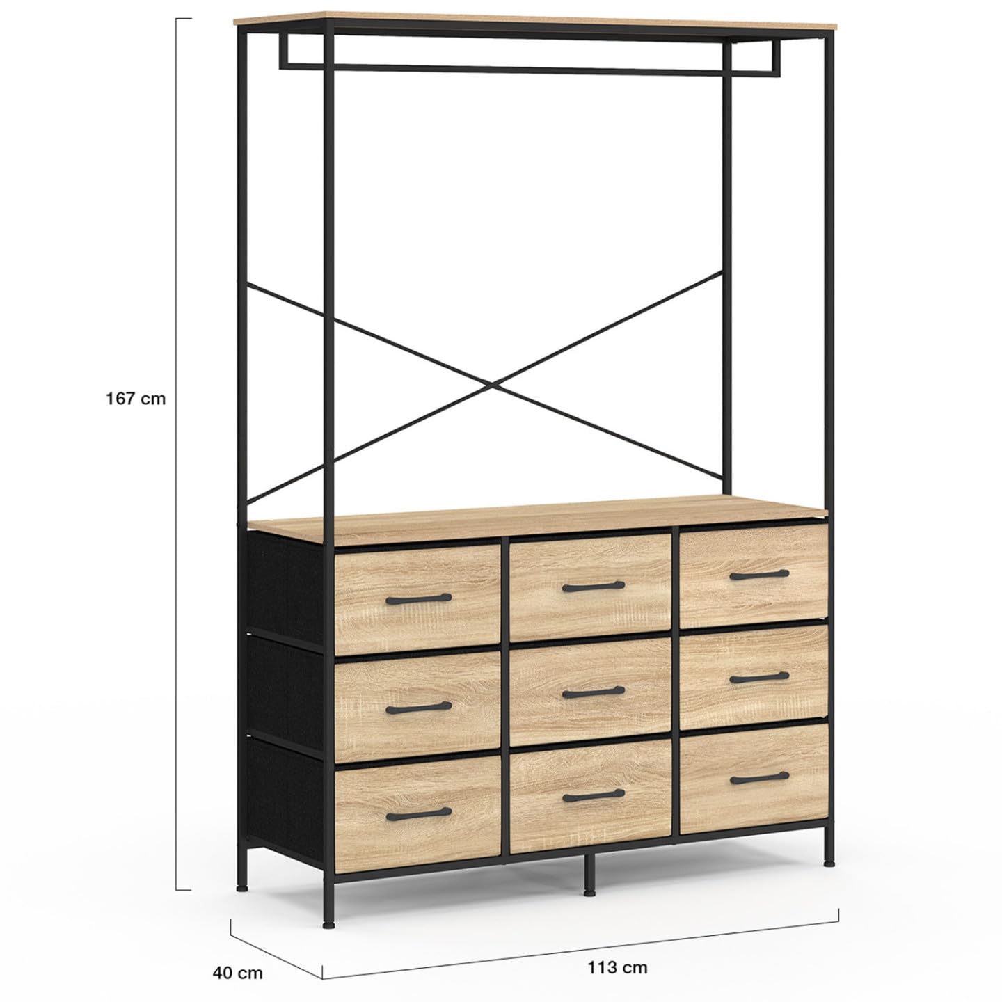 IDMarket - Ropero con vestidor L. 115 cm UTAH con 9 compartimentos de tela, madera y negro