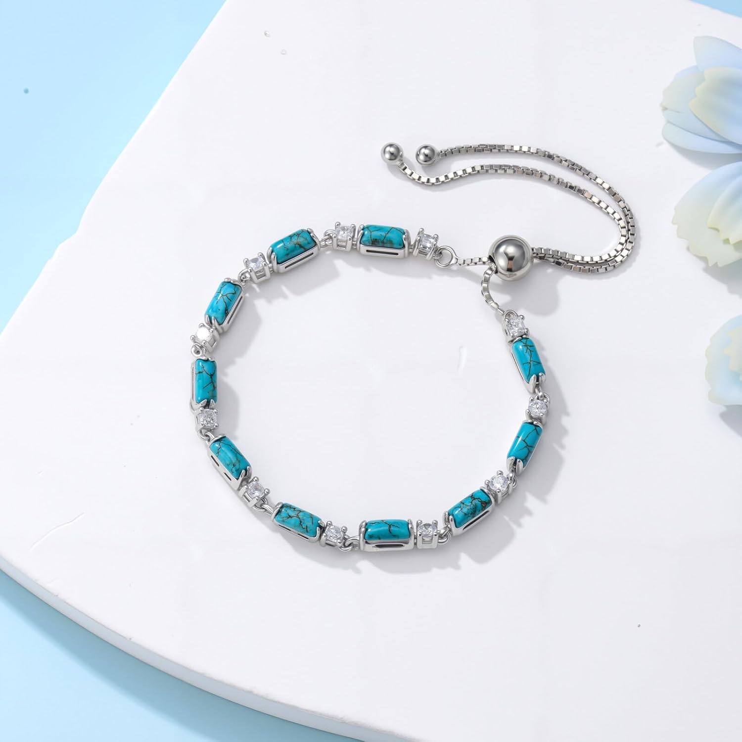 Genuine Turquoise Tennis Bracelet 925 Sterling Silver Adjustable Slider Bracelet Boho Jewelry Gifts for Women