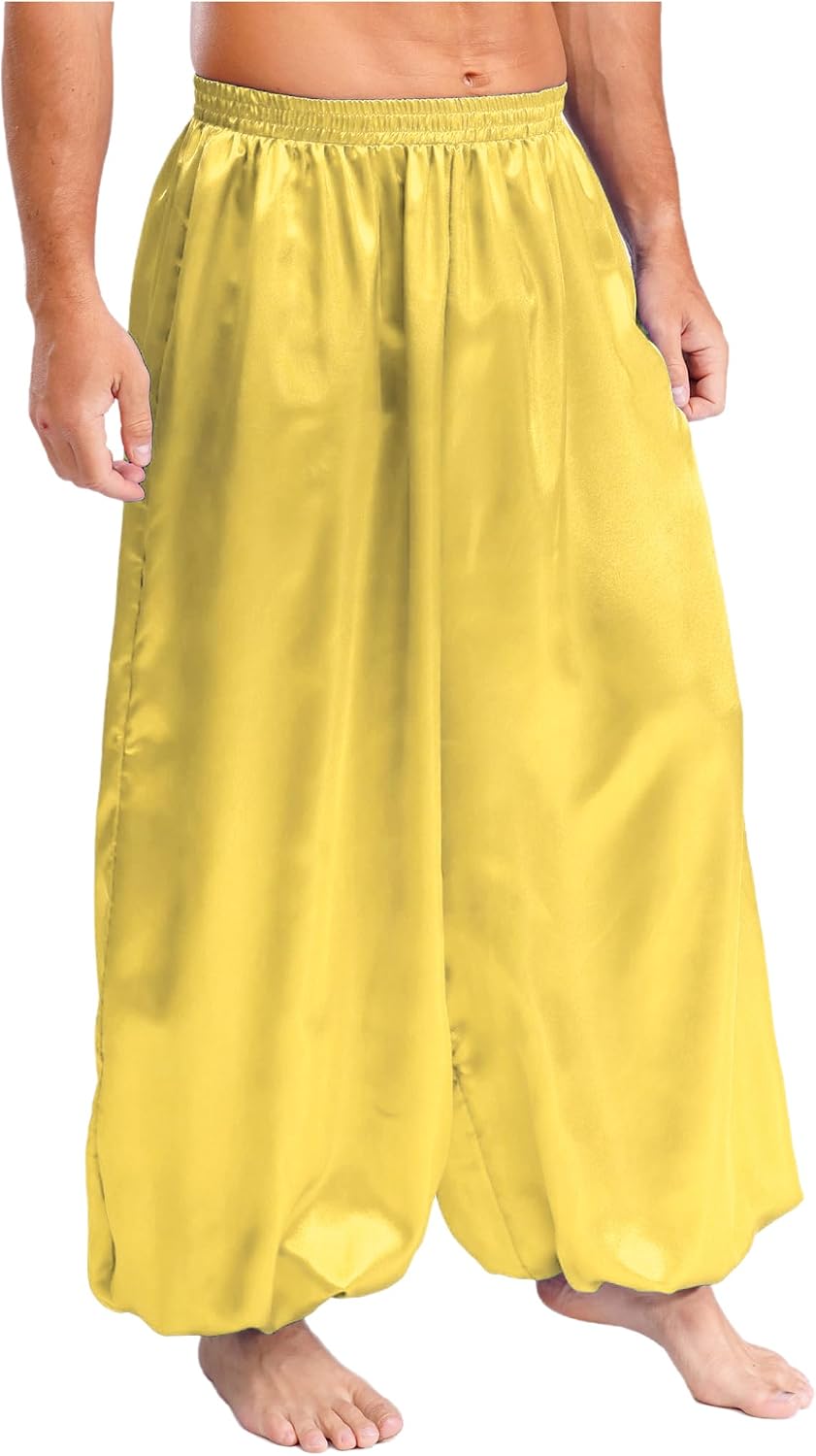 Sywiyi Men's Arabian Prince Trousers Loose Wide Leg Harem Pants Satin Smooth Elastic Waistband Lantern Pants