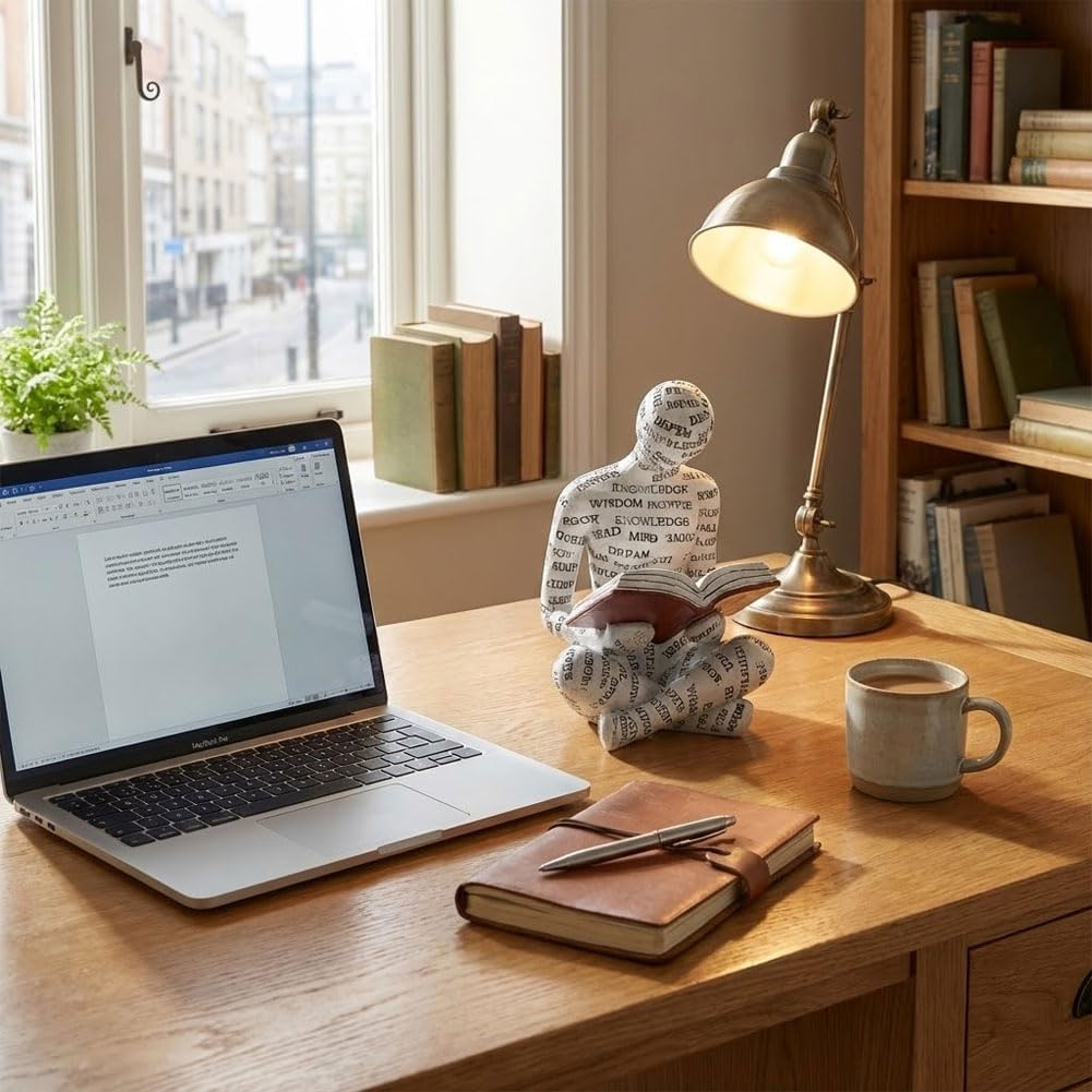 QIANLING Bookshelf Decor Reading Thinker Figurine - Modern Abstract Sculpture, Aesthetic Art Statue for Home Office, Bedroom, or Study, Bookshelf, Desk, Coffee Table, or Reading Corner Decor (Reader)