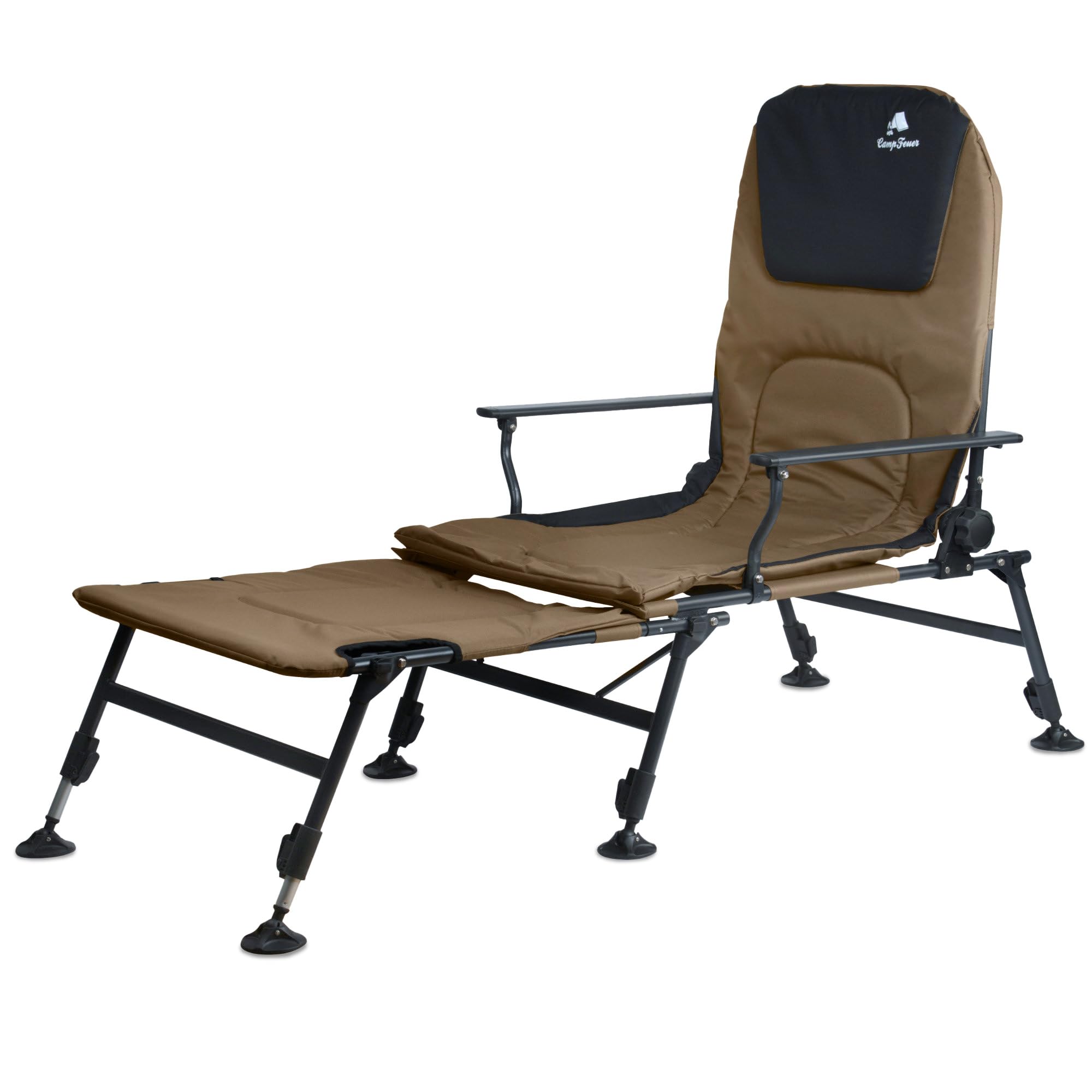 CampFeuer 2in1 Angelstuhl Olivgrün/Schwarz | Höhenverstellbarer Campingstuhl und Angelliege | Faltbarer Karpfenstuhl | Outdoor Travelchair für Camping, Zelten, Angeln | Fischerstuhl klappbar