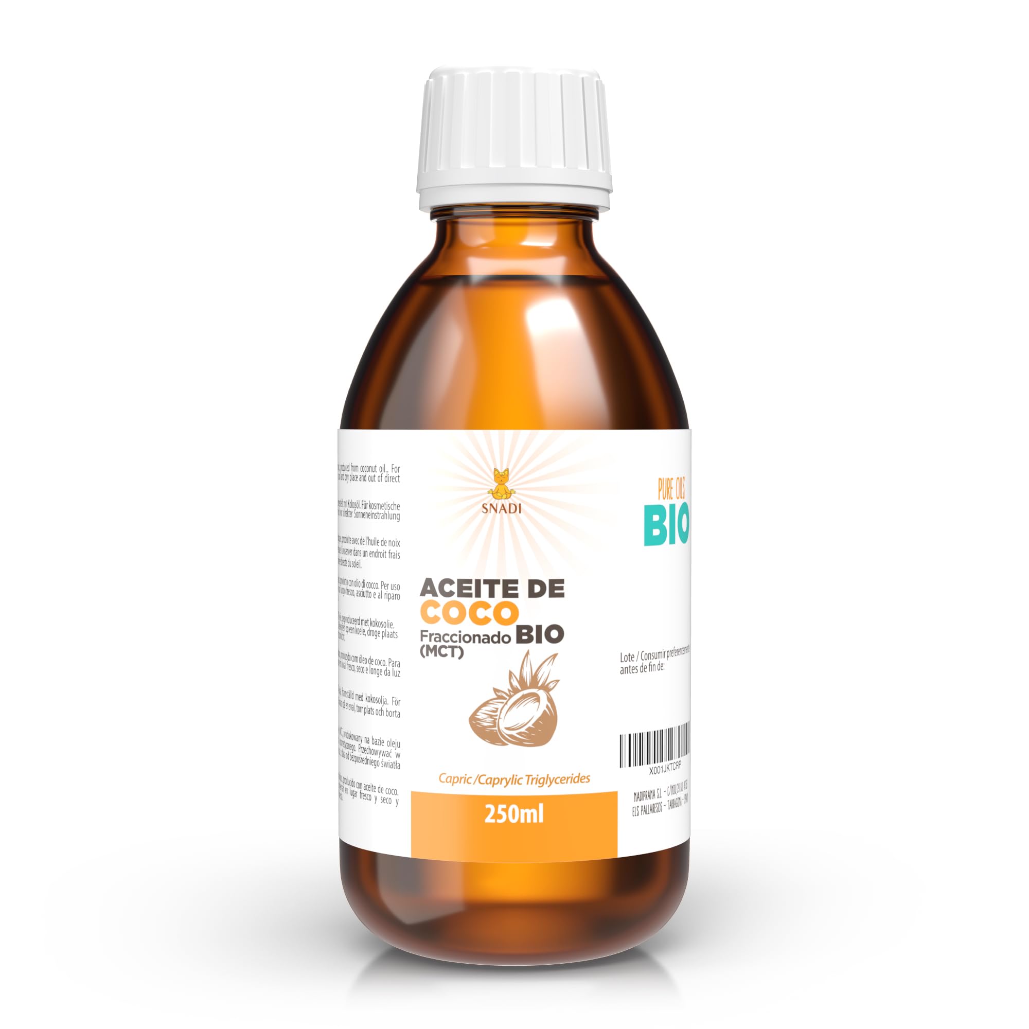 Snadi - Aceite de Coco Fraccionado (MCT) Bio 250 ml | 100% Puro y Natural | Hidratante Profundo para Piel y Cabello | Ideal para Cosmética y Aromaterapia