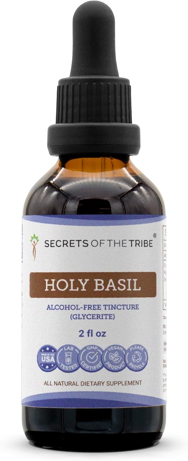 Secrets of the Tribe Holy Basil Tincture Alcohol-Free Extract, Holy Basil (Ocimum Tenuiflorum) Dried Herb Tincture Supplement (2 FL OZ)