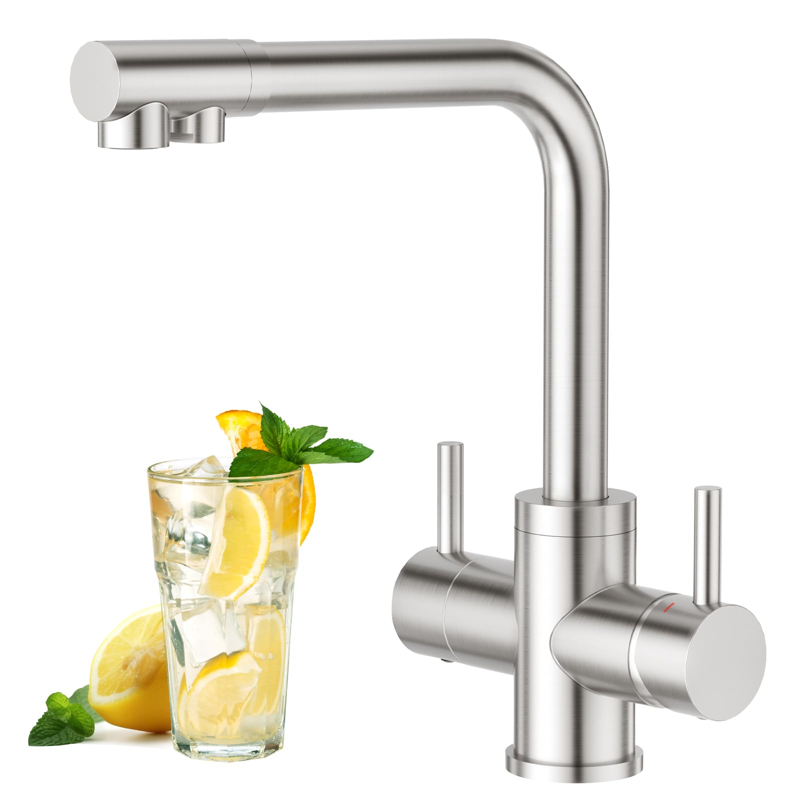 Robinet 3 Voies d'évier Cuisine Double Levier Mitigeur avec Eau Potable pour Systèmes Filtre d'Osmose, brossé