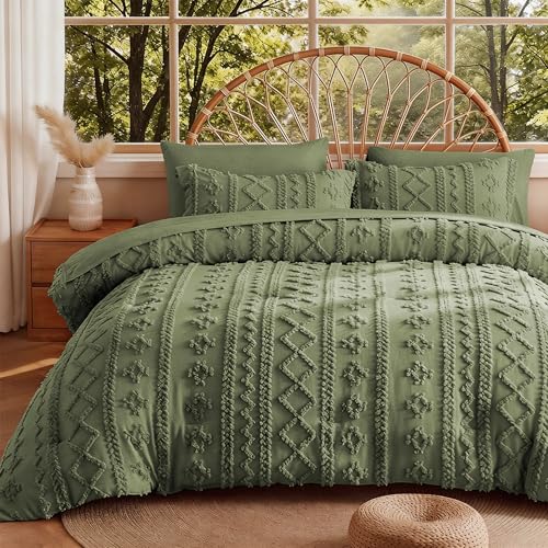 Image of MR&HM Olive Green Boho Comforter Set Queen, Tufted Boho Bedding Set, Farmhouse Shabby Chic Bed in a Bag with 1 Comforter, 2 Pillow Shams, 2 Pillowcases, 1 Flat Sheet, 1 Fitted Sheet for All Seasons