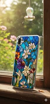 PrintiFy iPhone 17 ile Uyumlu Vitray Mavi Bahar Tasarımlı Şeffaf Silikon Kılıf