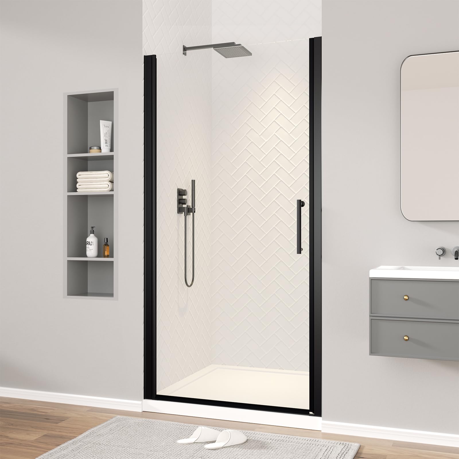 Puerta de ducha pivotante sin marco, 30-31.5 pulgadas de ancho x 72 pulgadas de alto, puerta pivotante de vidrio templado transparente de 6 mm, ancho ajustable, instalación reversible, negro mate
