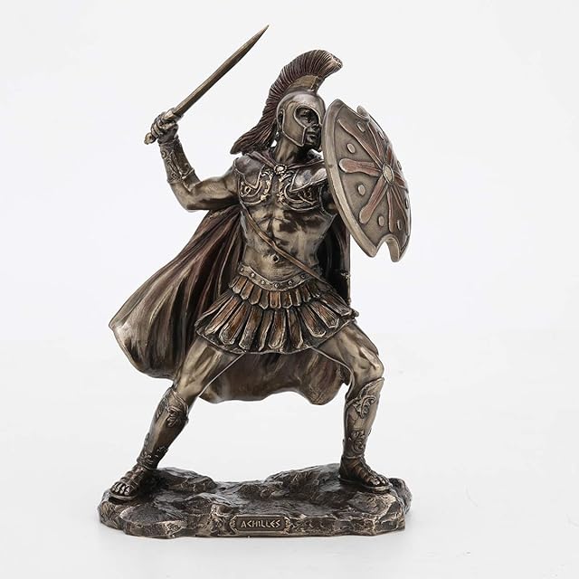 Veronese Design Achilles Trojan War Hero Holding Spear and Shield Tabletop Statue Achilleus