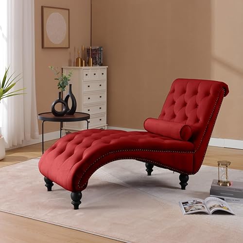 Miniatura 5 de Tumbona para interiores, silla de salón con botones para dormitorio con patas de madera maciza y almohada de apoyo, decoración de cabeza de clavos,