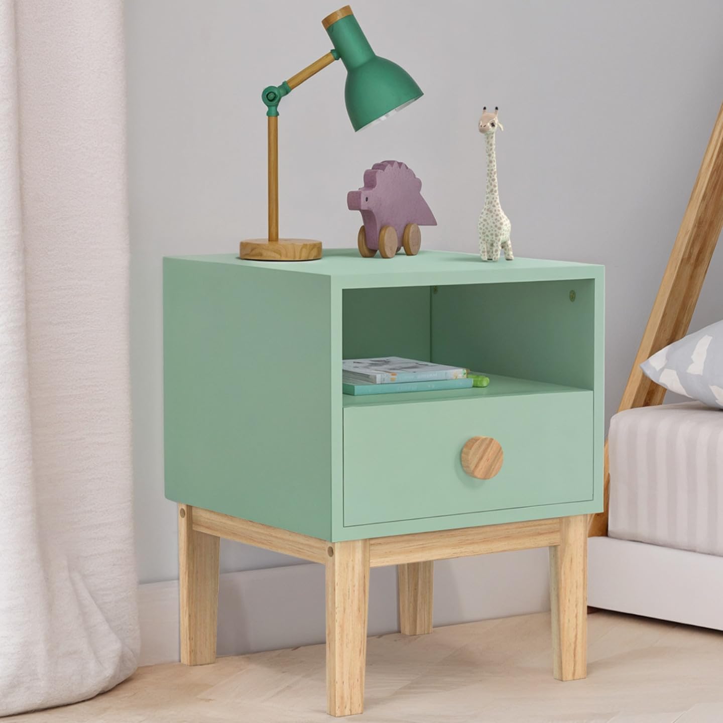 IDMarket - Table de Chevet Enfant Jacob 1 tiroir + 1 Niche Vert d'eau et Bois