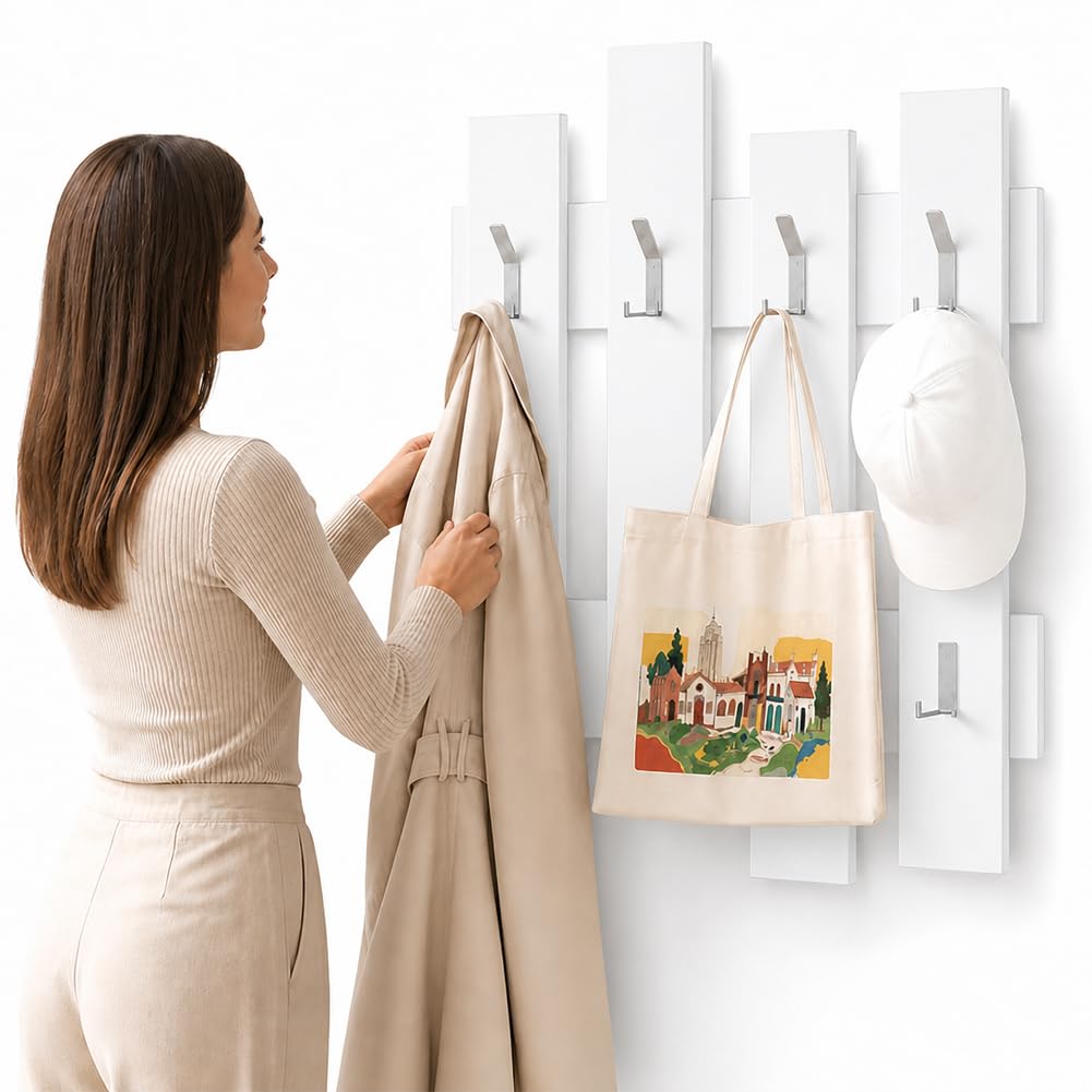 Shally Dogan Appendiabiti da Muro con 8 Ganci Doppi Resistenti, Attaccapanni Montaggio a Parete Resistente Alta Capacità in Legno, Design Moderno, Ideale per Ingresso Casa e Ufficio (Bianco)