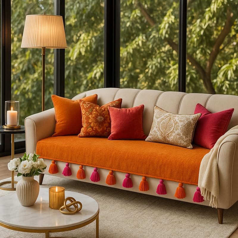 THROWPILLOW Orange 2 Seater Sofa Cover with Tassel |Boho Sofa Throw for Two Seater Couch, Small Wooden Sofa, Love Seat, Settee, Bench |2 Seater Sofa Seat Cover|Decorative Tassel Throw for Living Room-image-24