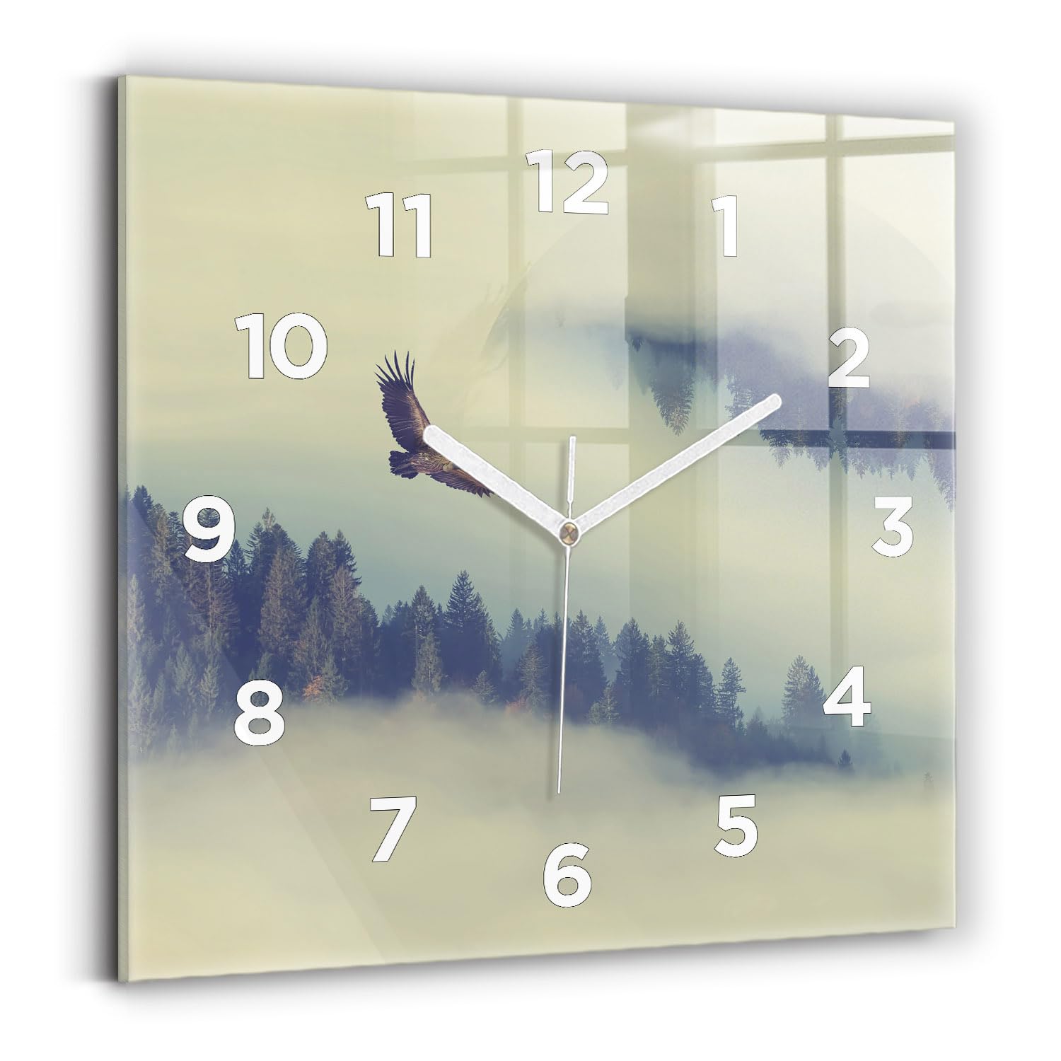 Horloge de qualité supérieure Wallfluent 30x30 cm au design moderne de forêt d'aigle brumeuse