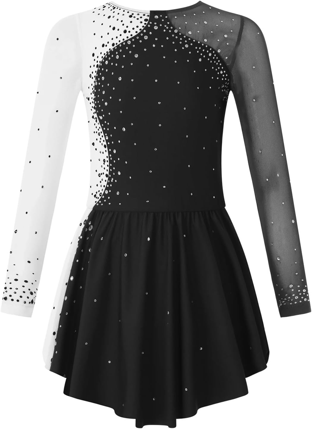Rhinestone Figure Ice Skating Dress Kids Girls Long Sleeve Mesh Splice Ballet Gymnastics Leotard