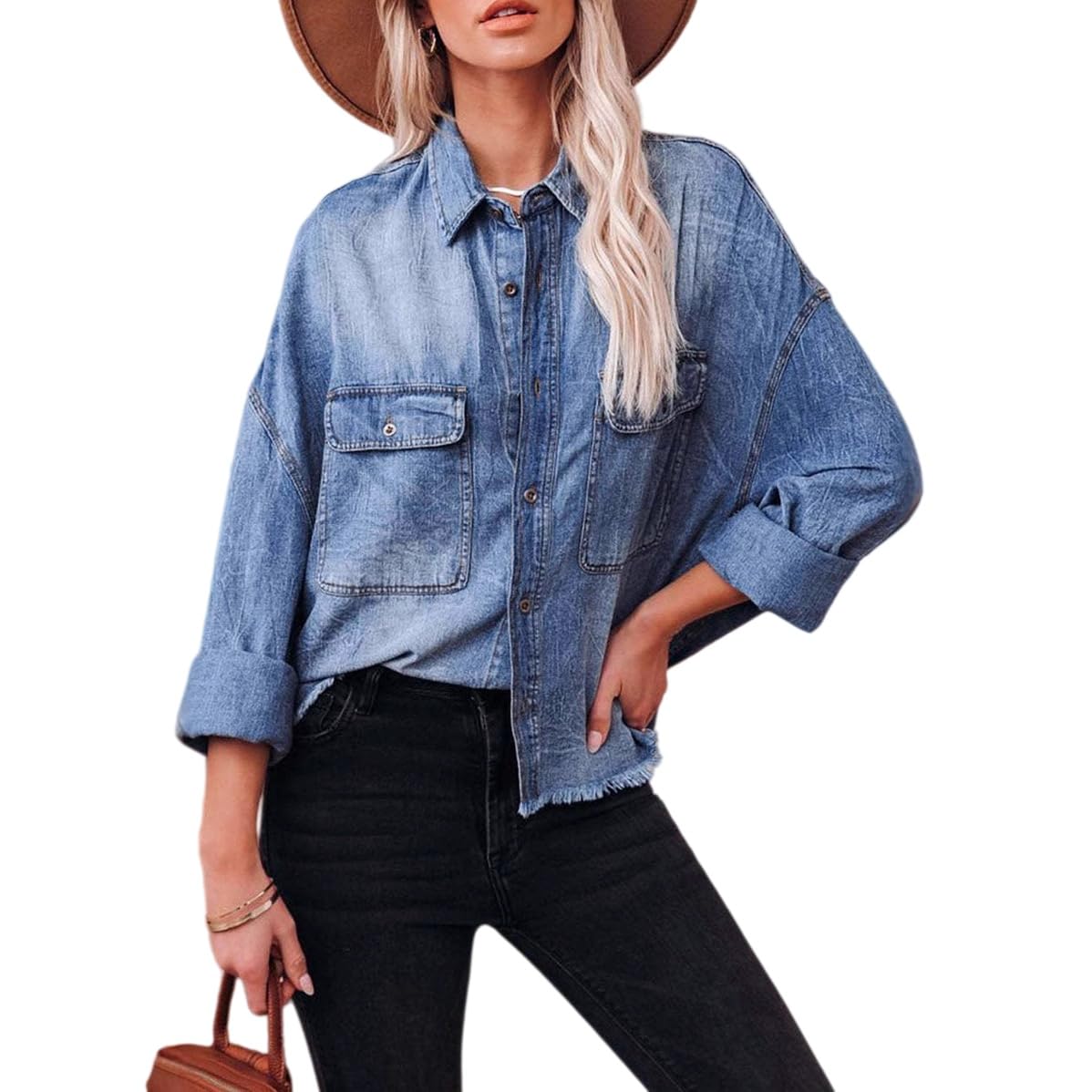 Camisa Mujer Camisa Vaquera Azul De Mujer Blusas De Cuello Extragrande Camisas Vaqueras Lavadas Casuales De Manga Larga con Botones Chaqueta Vaquera con Dobladillo Deshilachado Estilo WES