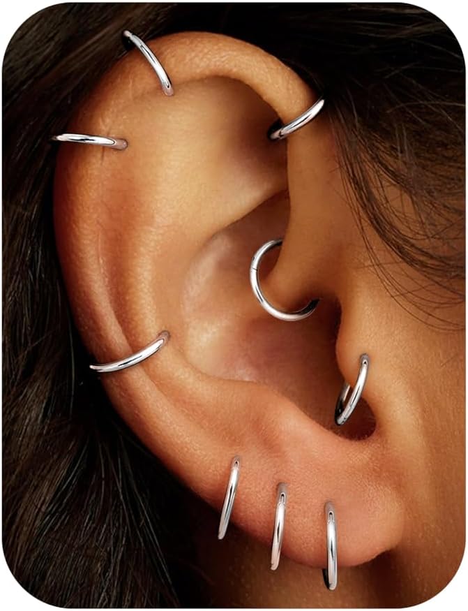 16G Cartilage Hoop Earrings for Women Men - Stainless Steel Hinged Clicker Nose Hoop Rings Helix Septum Conch Daith Lip Tragus Piercing Jewelry 9pcs