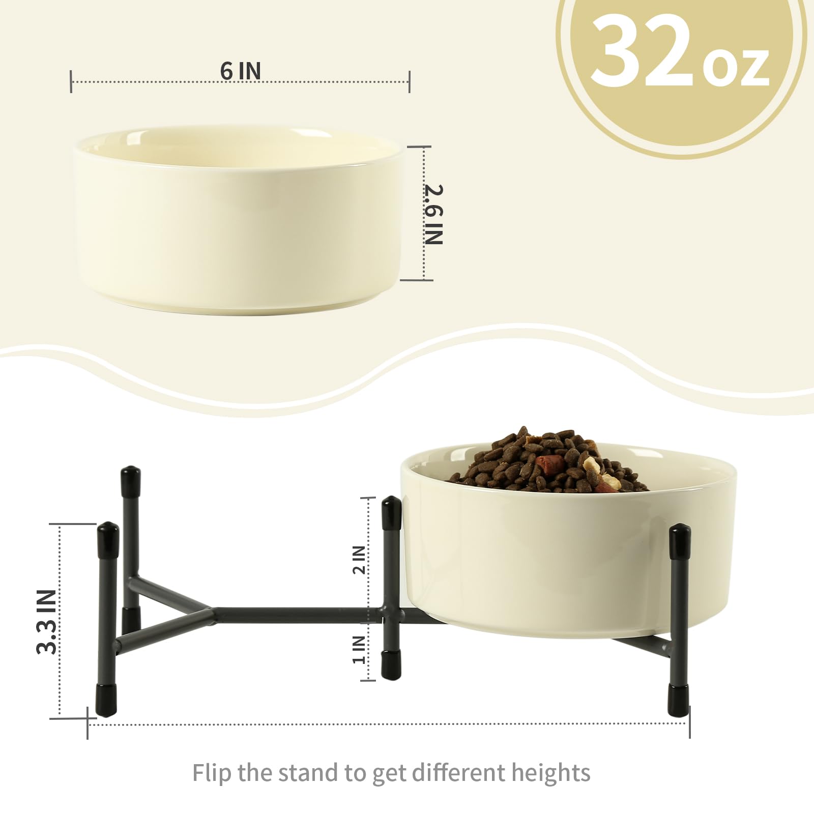 Lot de 2 gamelles en céramique pour chien et chat avec support en métal surélevé, gamelle en céramique de 15,2 cm pour nourriture et eau, gamelles pour chats et chiens, beige