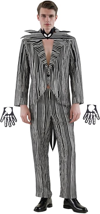 Mens Suit Costume Black & White Stripe Cosplay Jacket Halloween with Bowtie