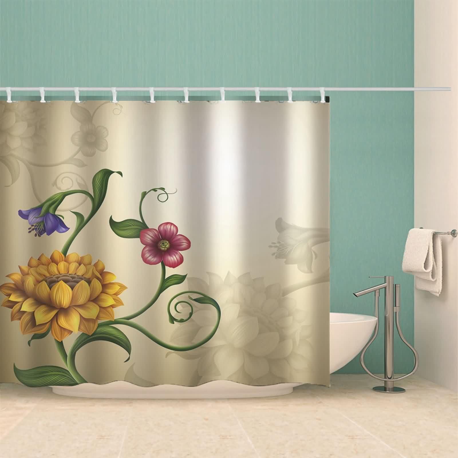 Cortina de ducha textil de tela beige, diseño de hojas de sol, poliéster, antimoho, secado rápido, con anillos de cortina de ducha