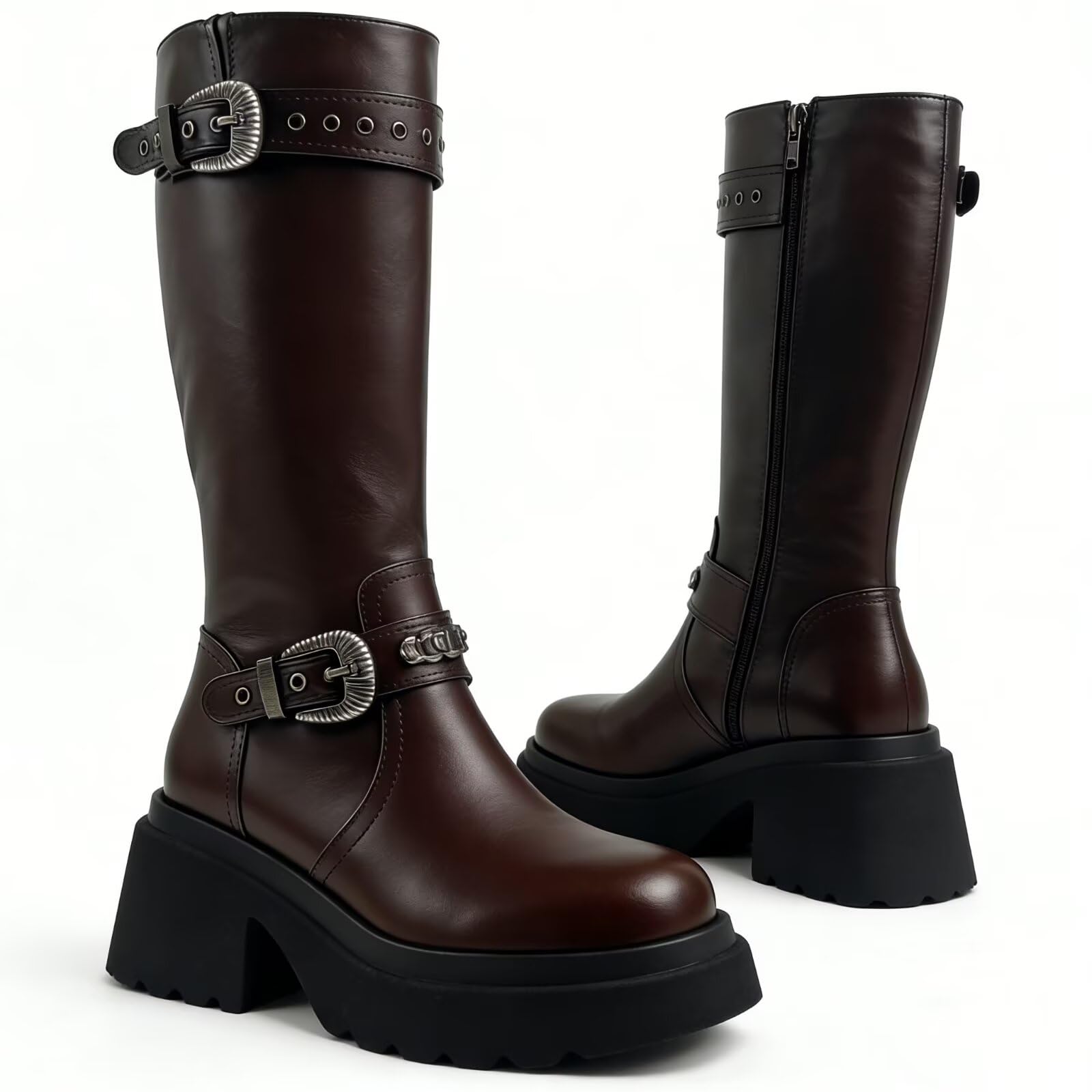 Edgy Black Leather Knee High Boots with Buckle Straps Womens Chunky Heel Knee High Leather Boots