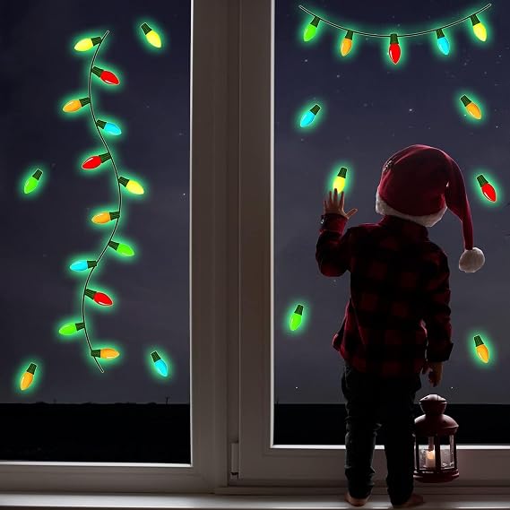 3 Sheets Glow in The Dark Light Bulb Wall Decals - Green Luminous Christmas Wall Stickers Window Cling Party Supplies for Holiday Decoration