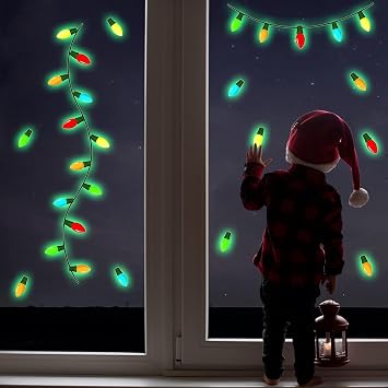 3 Sheets Glow in The Dark Light Bulb Wall Decals - Green Luminous Christmas Wall Stickers Window Cling Party Supplies for Holiday Decoration
