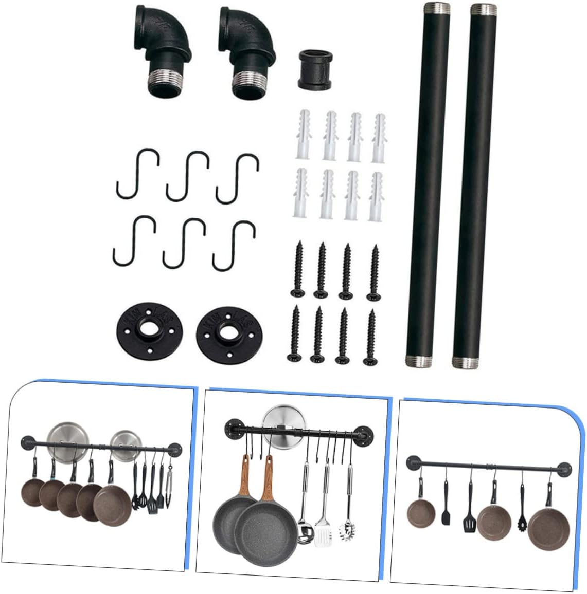 Wall Mounted Pot Rack with Hooks Kitchen Organizer for Pots and Pans Space-saving Storage for Skillets and Utensils for Home Chefs and Kitchens