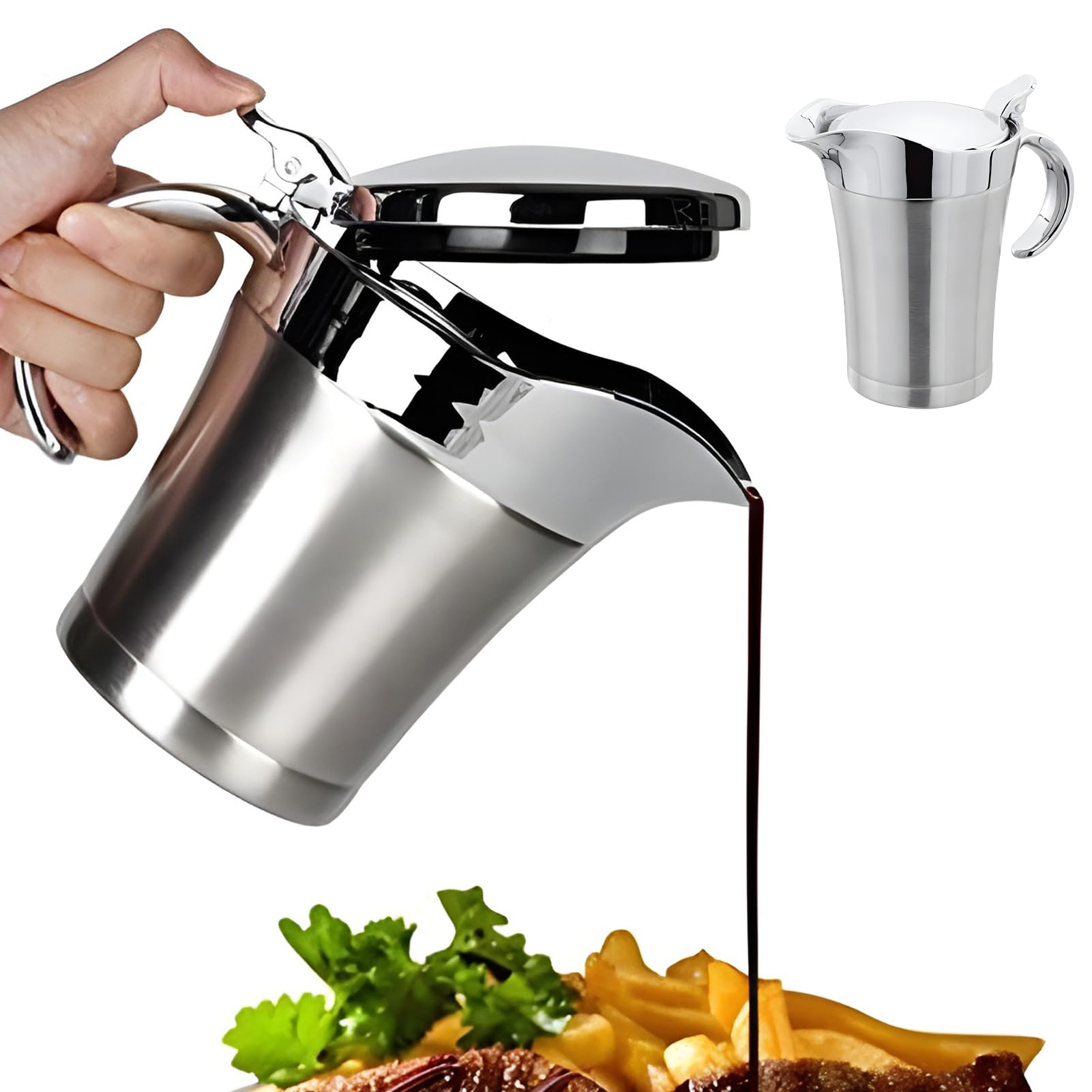 Stainless Steel Gravy Boat Keeps Food Warm or Cool, 750ml Sauce Jug with Hinged Lid and Handle, Double Wall Insulated Pot Ideal for Gravy Custard Cream Sauce(Silver) — image 1