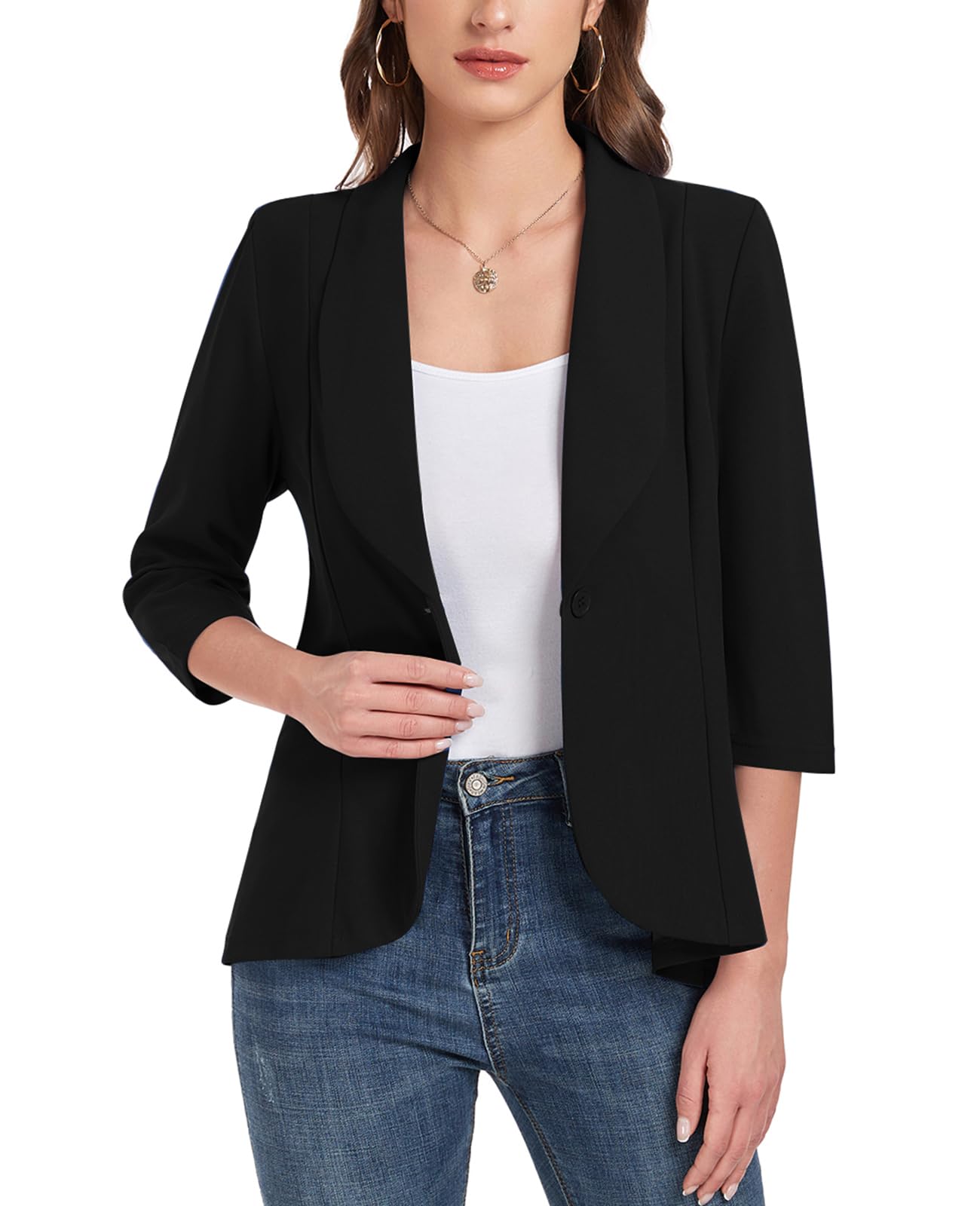 Blazer für Damen, 3/4-Ärmel, vorne offen, Blazer, Knopf, Schalkragen, Damenjacken, Arbeit, Büro, Blazer, Jacken
