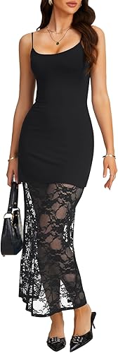 LYANER Women's Sheer Lace Layered Tulle Hem Spaghetti Straps Slit Bodycon Cockta