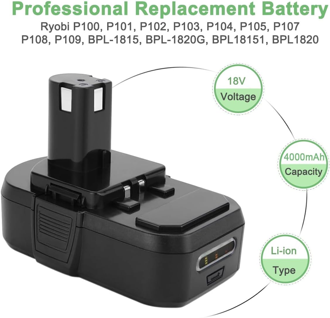 4.0Ah 18V Battery for Ryobi 18V Battery ONE+ P100 P102 P103 P104 P105 P107 P108 P189 P190 P197 for Ryobi 18V Battery Replacement Cordless Tool Lithium Battery