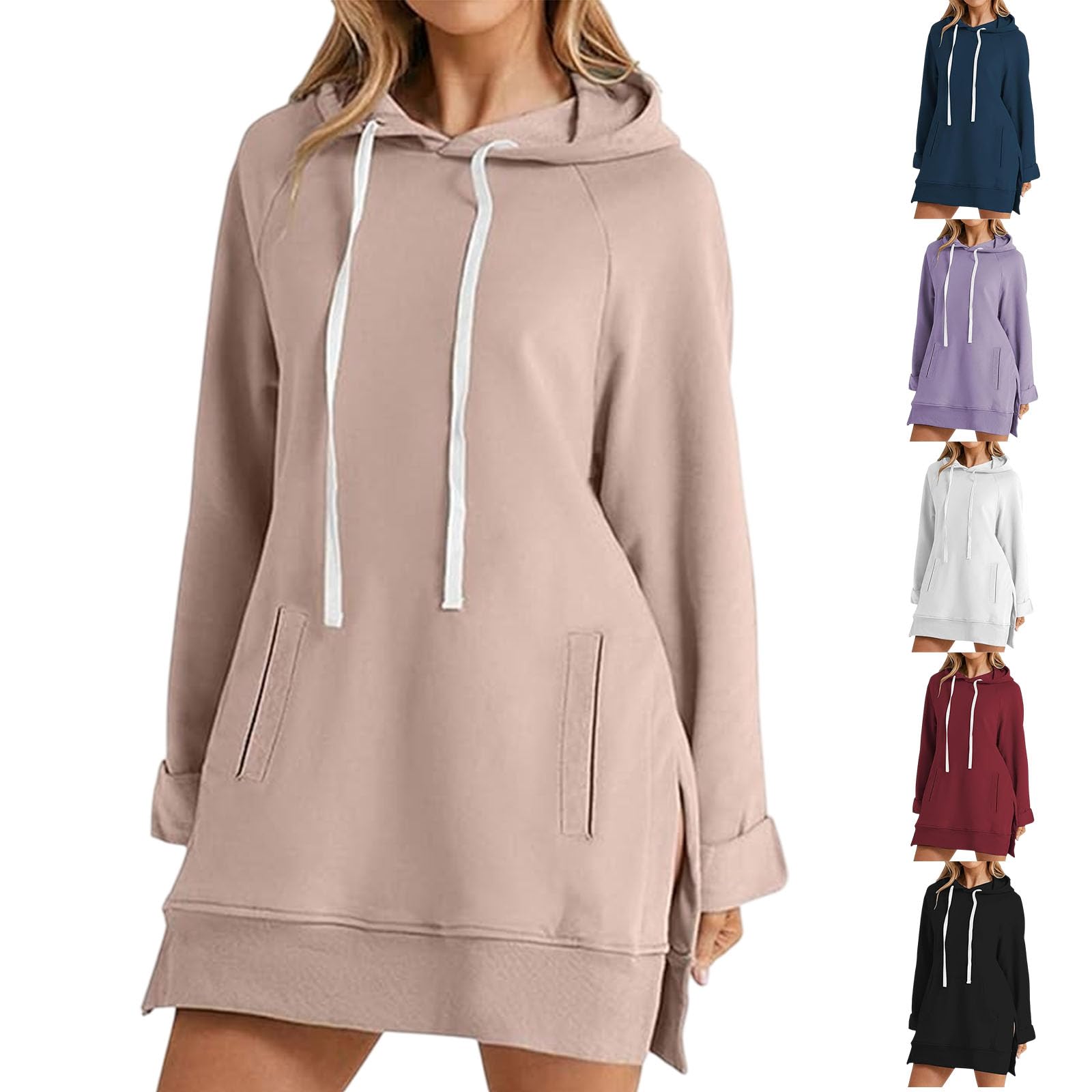 Oversized Hoodie Dress for Women, Long Sleeve Split Hem Pullover Hoodie Dress with Pocket for Casual Fall Wear (Khaki,XL)