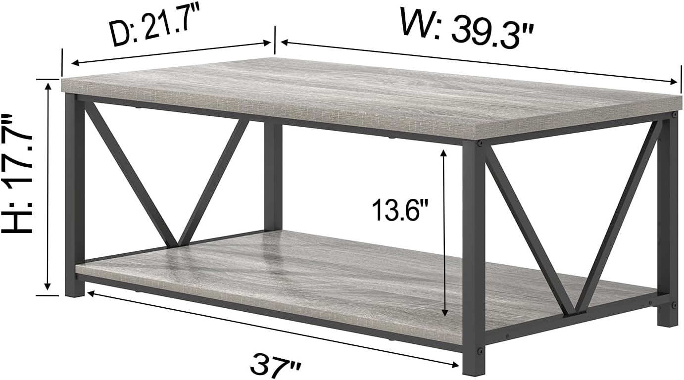foluban modern coffee table, rustic wood and metal center table with storage shelf, industrial cocktail table for living room, light grey, 39 inch light grey 39 inch