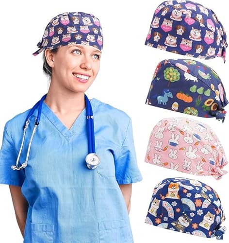 4 Stücke Op Haube Stoff Krankenschwester Zubehör Unisex Verstellbar Arbeitskappen Baumwolle Krankenschwester Haube Schrubben Kappe für Ärzten, Krankenschwestern, Zahnärzten, Pharmazeuten, Tierärzten