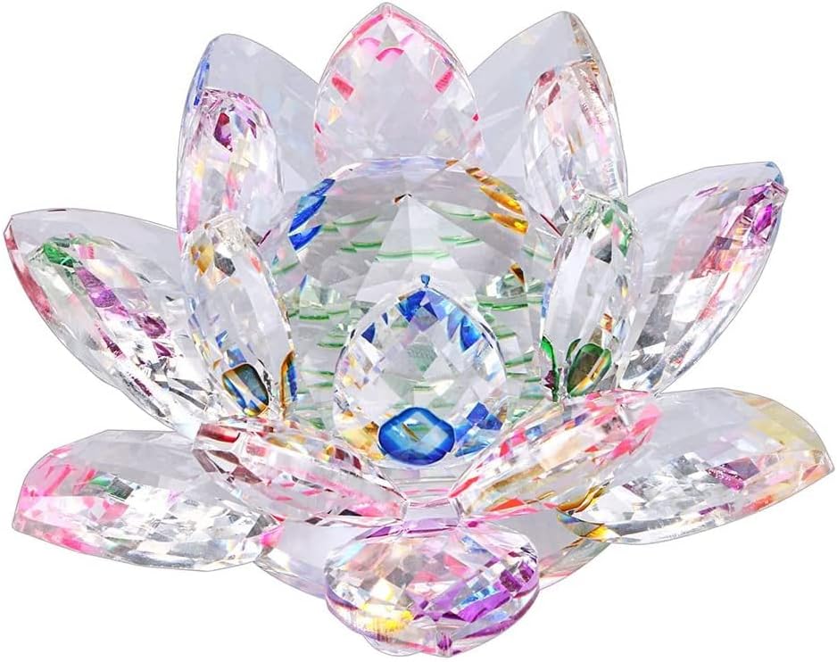 Clear Crystal Lotus, Sparkle Crystal Flower with Gift Box, Hue Reflection, Glittering, Peace, Purity, Good Fortune,Wisdom,Feng Shui Ornaments,Home Decor,Party,Photography (5.5"/14cm, Multicolor)
