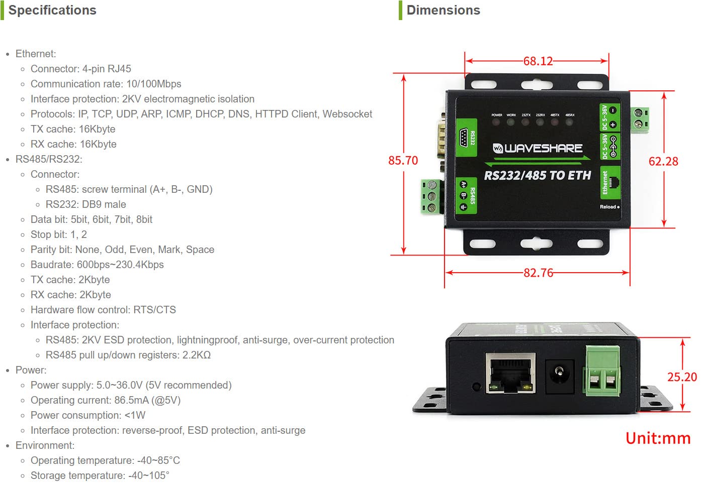 Waveshare Industrial Converter RS232 or RS485 to Ethernet Enables Bi-Directional Transparent Data Transmission