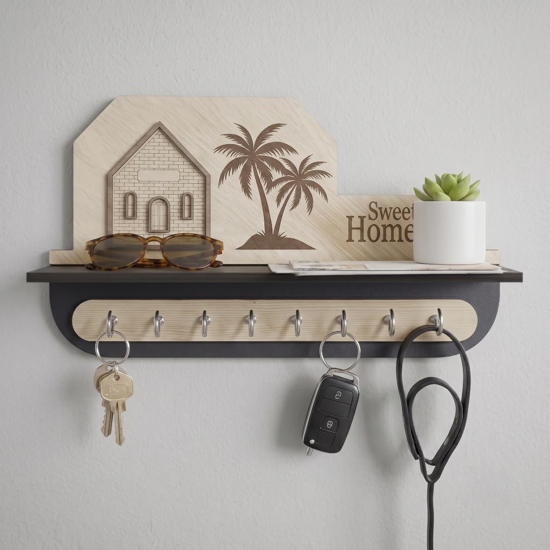 Sweet Home Key Holder for Wall with Shelf (30 x 18 cm) | Decorative Wooden Wall Mounted Key Organizer with 8 Metal Hooks | Entryway Key Rack for Keys, Lanyards, Mail, Wallets & Home Décor-image-0